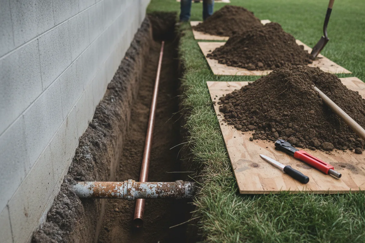 Excavated water line trench during Water Softener Installation in East Longmeadow